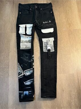 GALA Black Cargo Denim Jeans Money Print W28 💸🖤